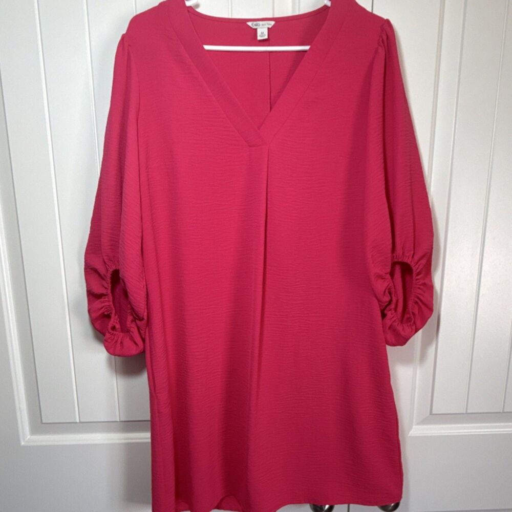 Cato Pink Shift Dress V-Neck Balloon Sleeve Knee Length Pockets Women's M
